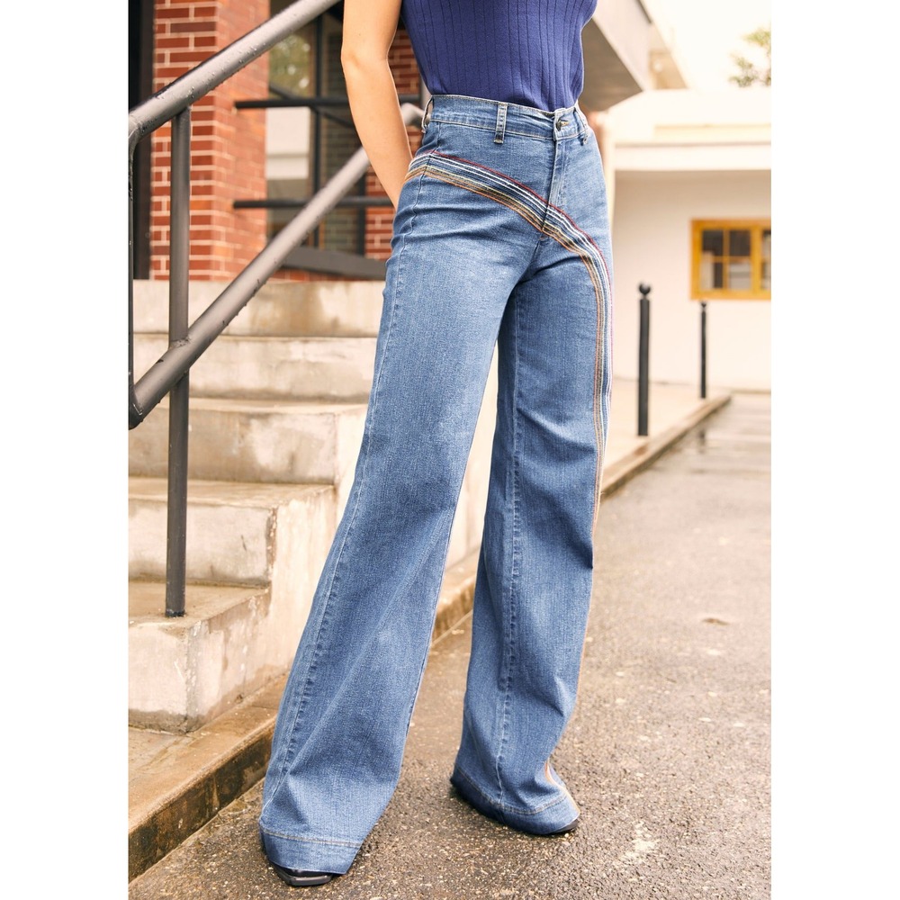 ModCloth Rainbow With Me Wide Leg Jeans Blue Denim Embroidered Stripe- Size 22W